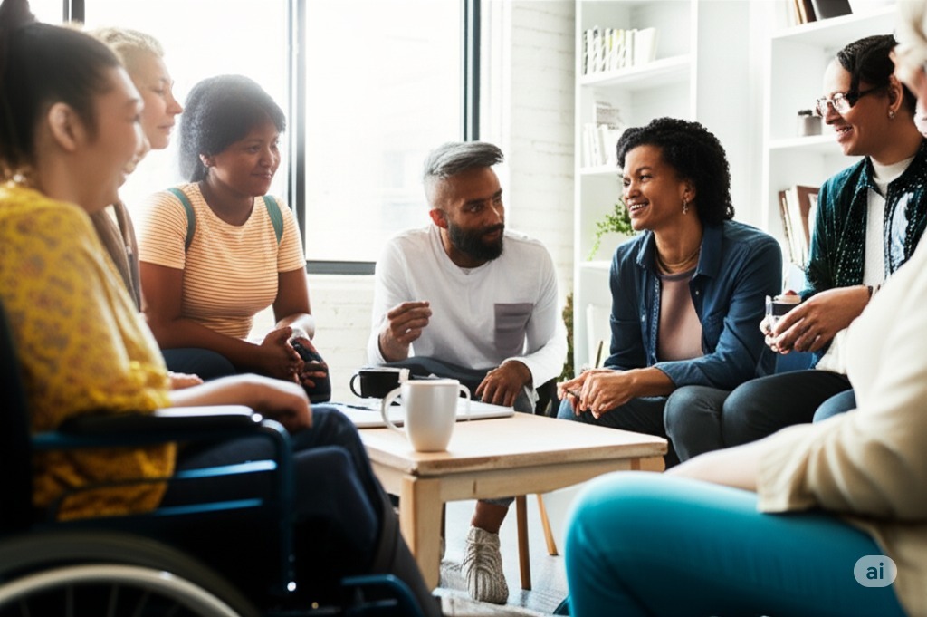 Group of diverse individuals gathered in a supportive, friendly environment, symbolizing compassion and connection for those living with chronic illness, pain, and neurodivergence. Five people are women, one person is male. Four are BIPOC. Closest to the camera is a woman in a wheelchair - her faces blurred.