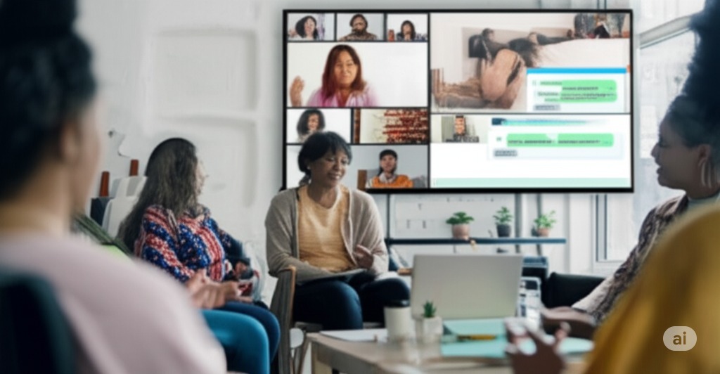 In an office conference room setting sits five people. In the background there is a screen displaying virtual meeting participants.
