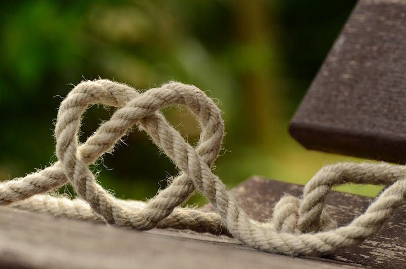 outside on a bench with blurred greenery in the background sits a rope tide into a heart shaped knot